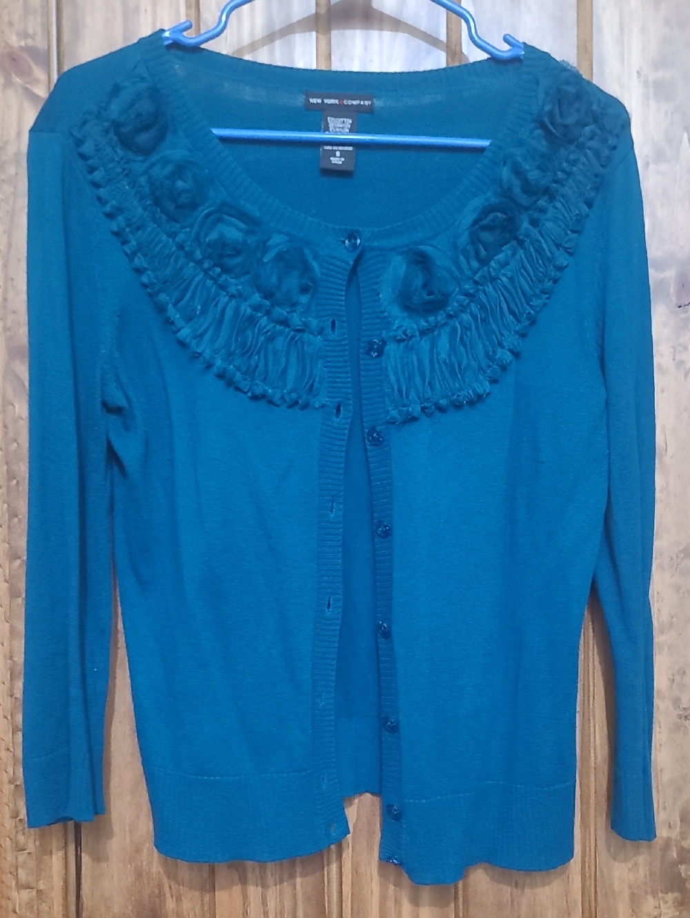 New York & Company Teal Ruffle-Rosette 3/4 Sleeve Cardigan. Size S
